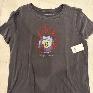 Lucky Brand Charcoal Tee with Flaming 8-Ball Design